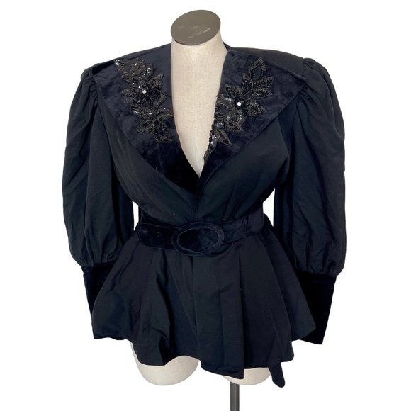 Vintage Black Coat Velvet Collar Puff Sleeves Sequin Floral Cosplay Victorian 12